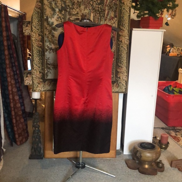 St. John red satin black wool accents midi dress and overcoat EUC size 8 - Picture 11 of 12